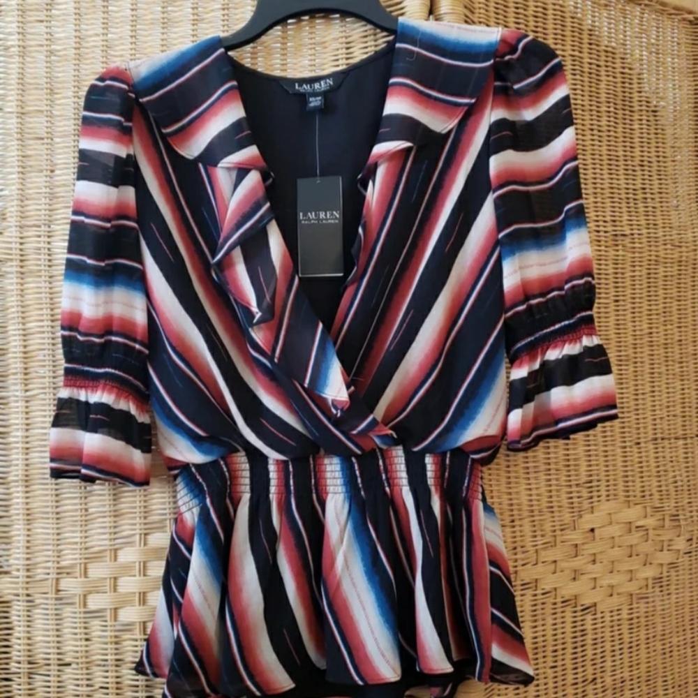 Lauren Ralph Lauren Blue and Pink Wrap Peplum Blouse